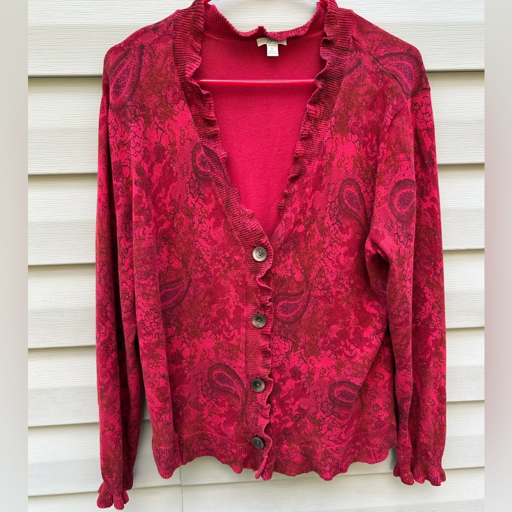 Vintage J Jill size XL Y2K red paisley floral ruffle cardigan sweater whimsical